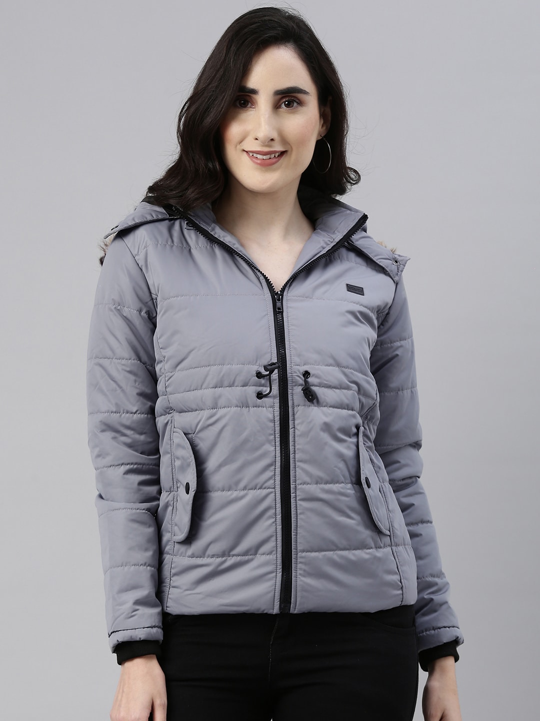 Campus Sutra Women Grey Windcheater Hooded Padded Jacket Price in India
