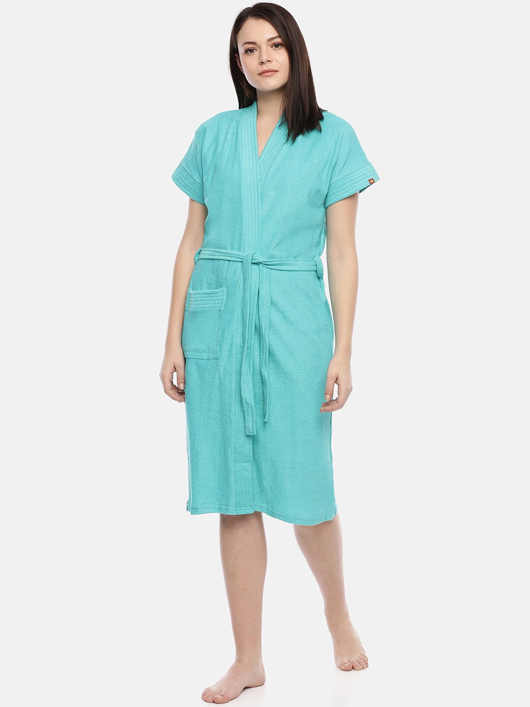 GOLDSTROMS Women Turquoise Blue Solid Cotton Bath Robe Price in India