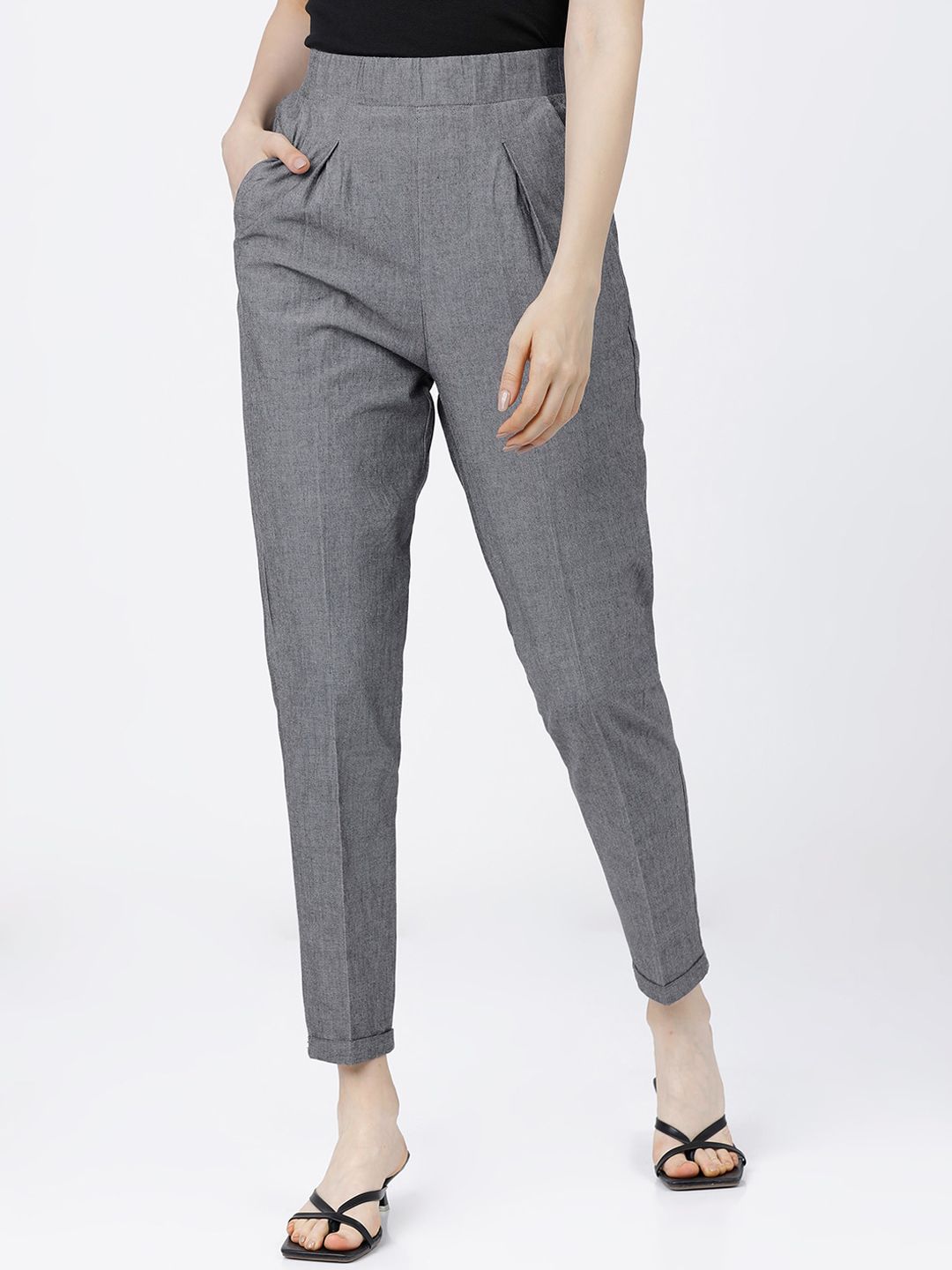 Tokyo Talkies Women Grey Tapered Fit Pleated Peg Trousers Price in India