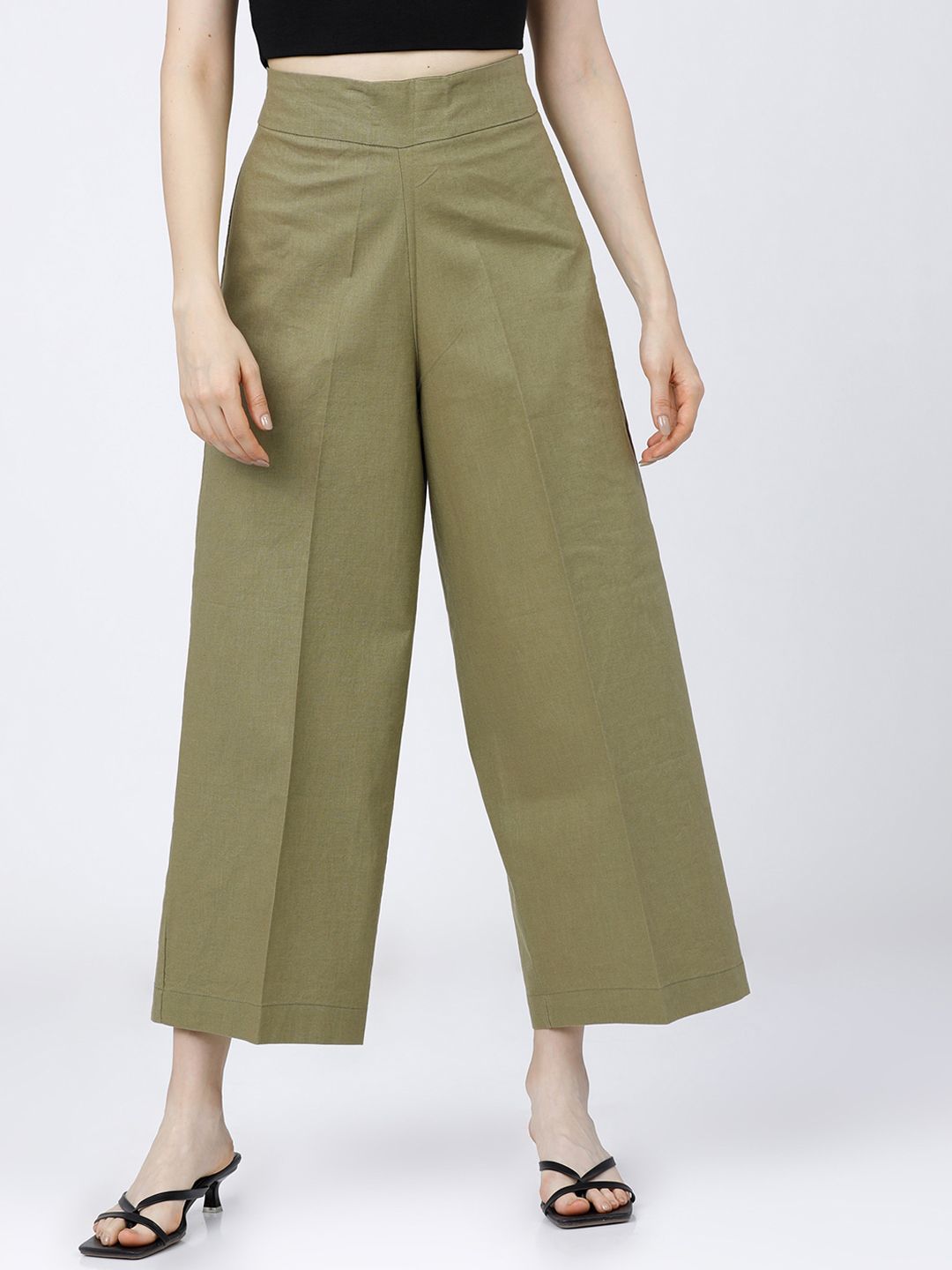 Tokyo Talkies Women Olive Green Flared Parallel Trousers