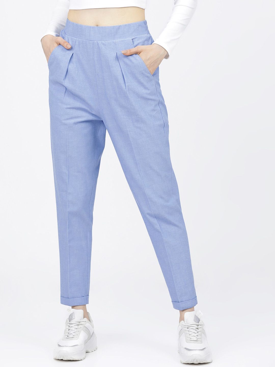 Tokyo Talkies Women Blue Solid Pleated Trousers Price in India