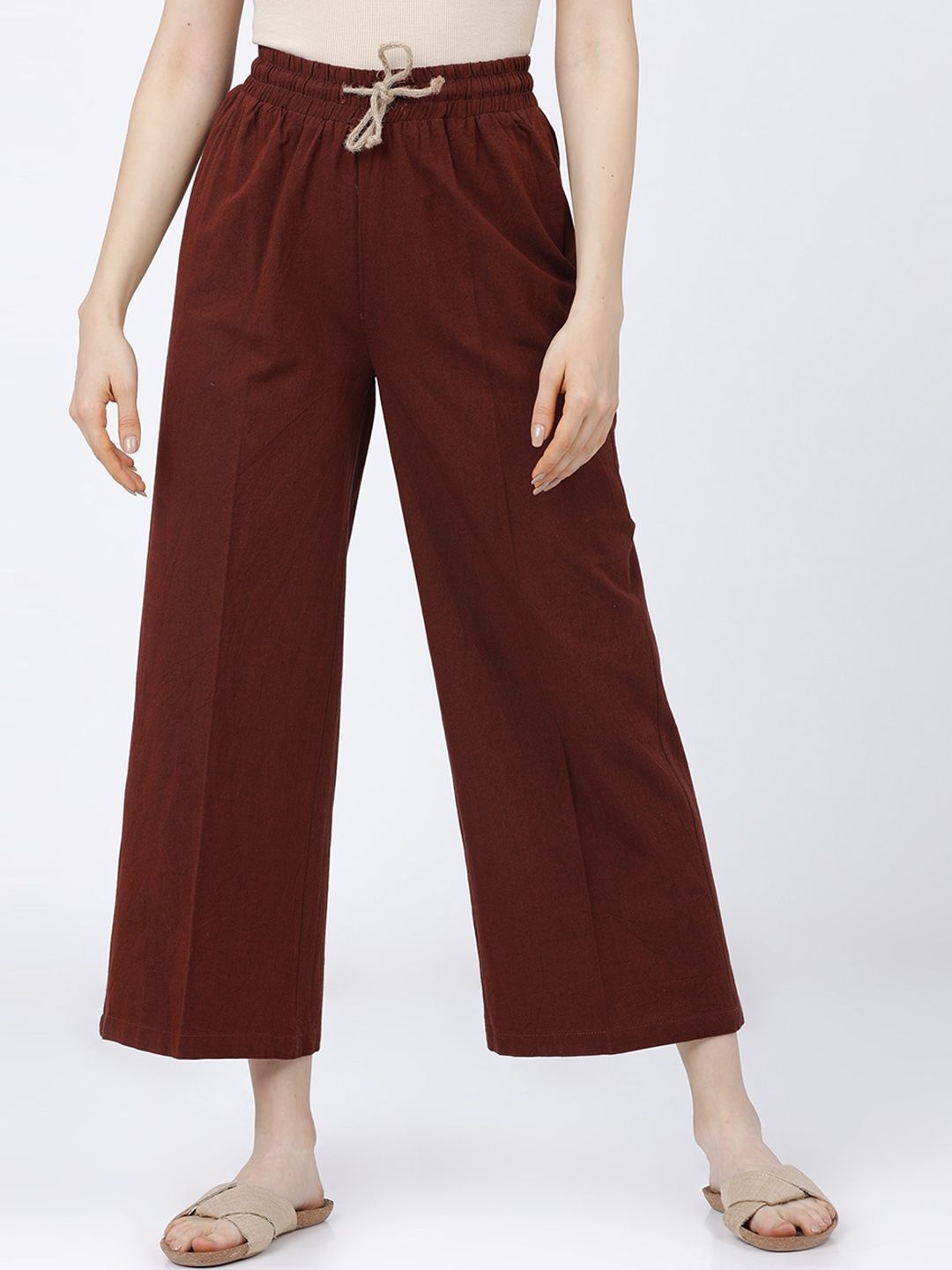 Tokyo Talkies Women Rust Pleated Parallel Trousers Price in India