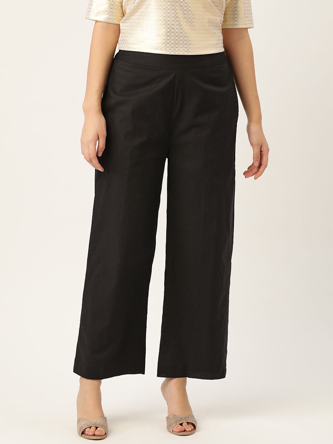 Ancestry Women Black Pure Cotton Solid Straight Trousers Price in India