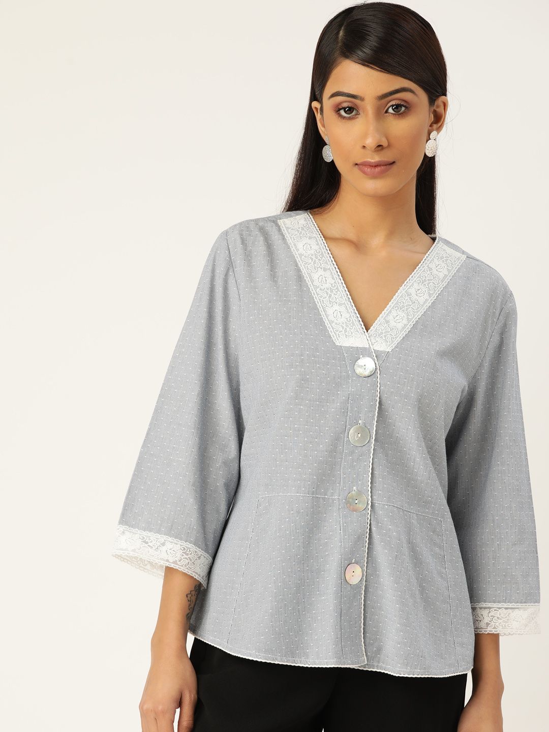 Ancestry Women Grey & White Striped A-Line Top