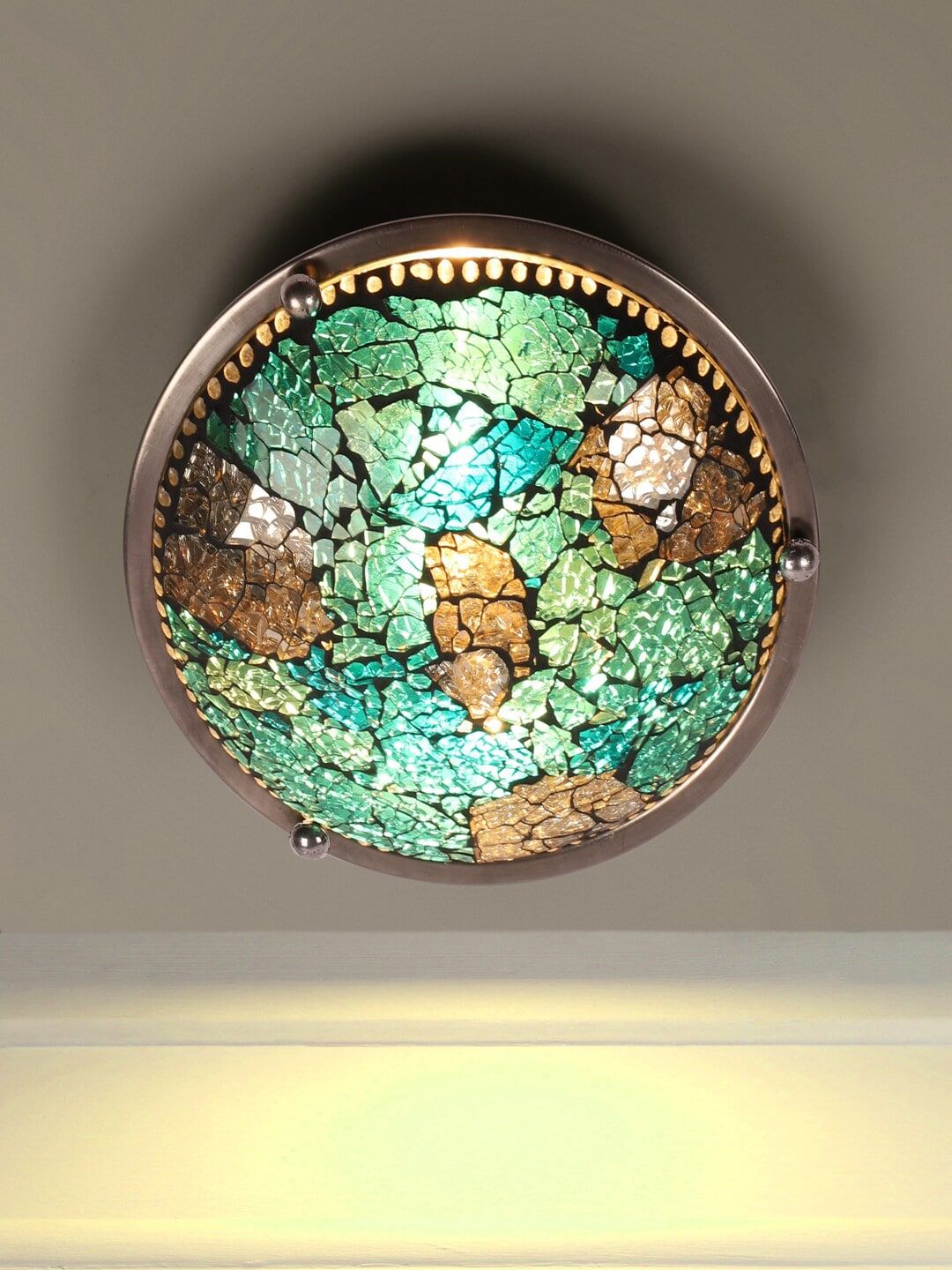 MFD HOME FURNISHING Teal & White Colourblocked Glass Contemporary Flush Mount Light Price in India