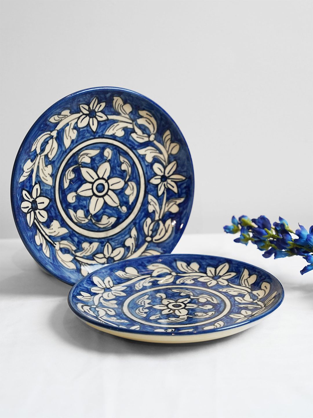 Folkstorys Blue & Beige 2 Pieces Handcrafted Printed Ceramic Glossy Plates Price in India