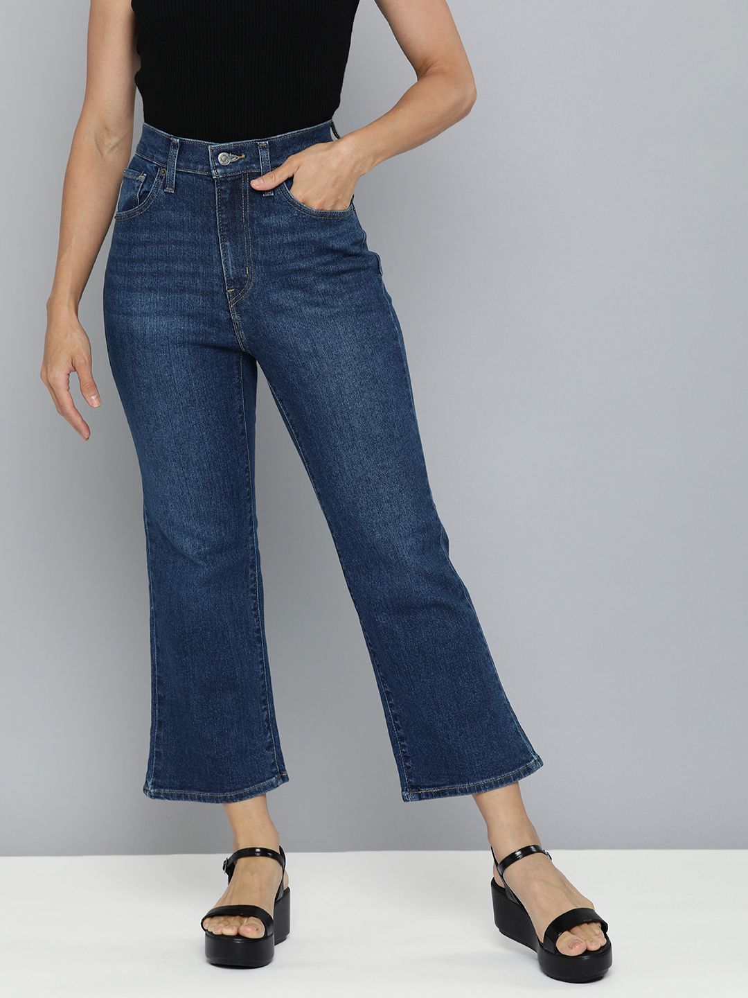 Levis Women Blue Cropped Flare High-Rise Light Fade Stretchable Jeans Price in India