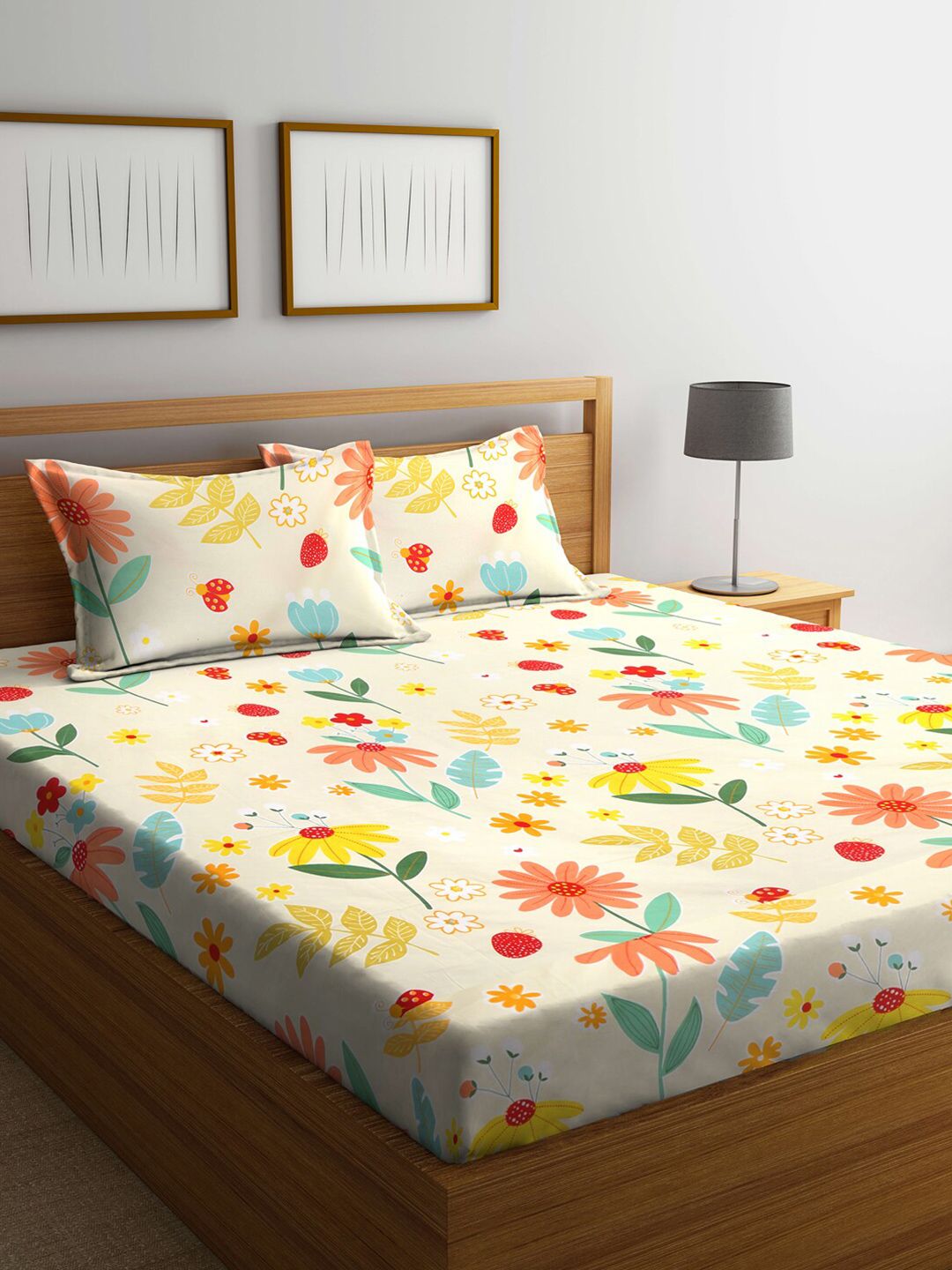 KLOTTHE Yellow & Red Floral 210 TC King Bedsheet with 2 Pillow Covers Price in India