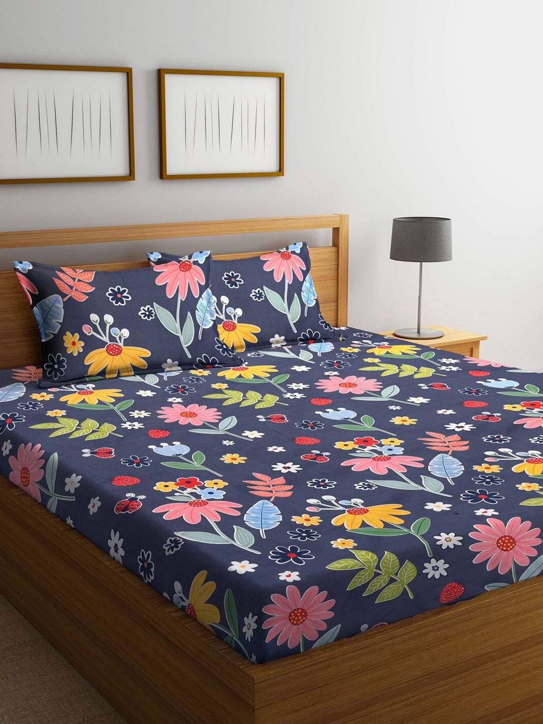 KLOTTHE Blue & Yellow Floral 210 TC King Bedsheet with 2 Pillow Covers Price in India