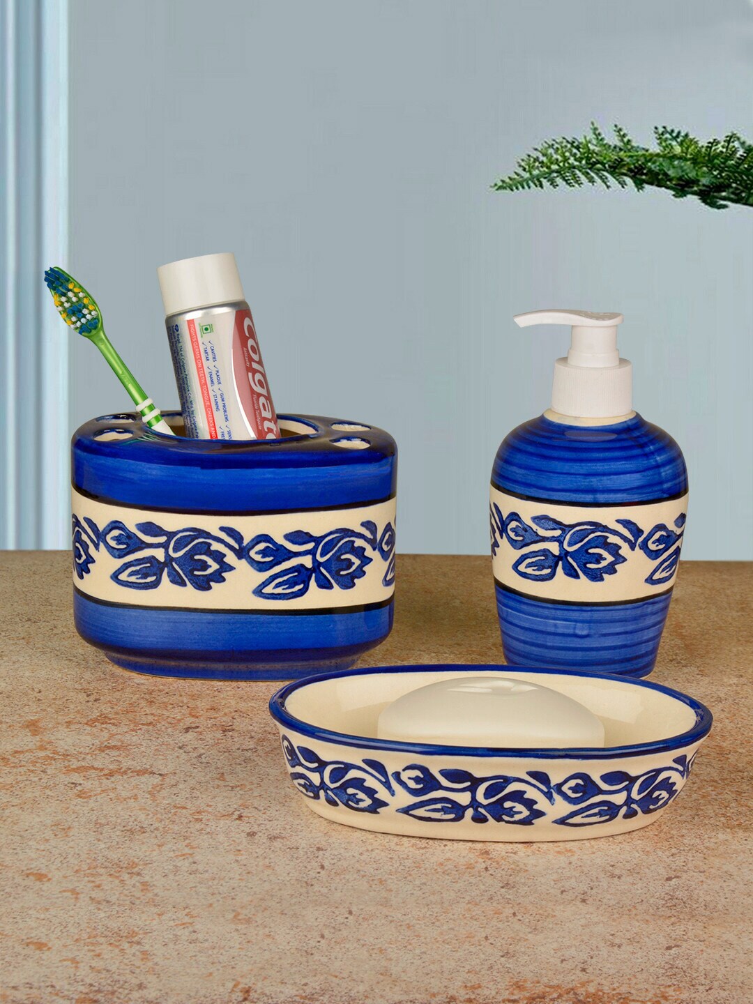 StyleMyWay Set Of 3 Blue & Beige Floral Motifs Handpainted Ceramic Bathroom Accessories Price in India