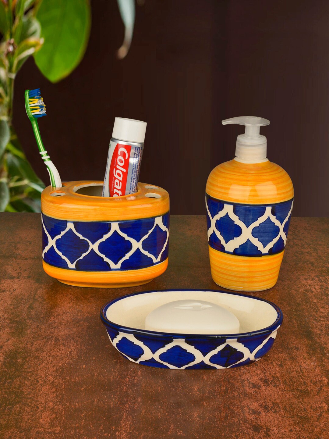 StyleMyWay Set Of 3 Blue & Yellow Ethnic Motifs Handpainted Ceramic Bathroom Set Price in India