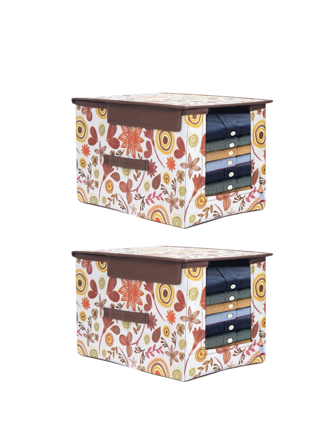 prettykrafts Set Of 2 White & Brown Printed Shirt Stacker Organizer With Handles Price in India