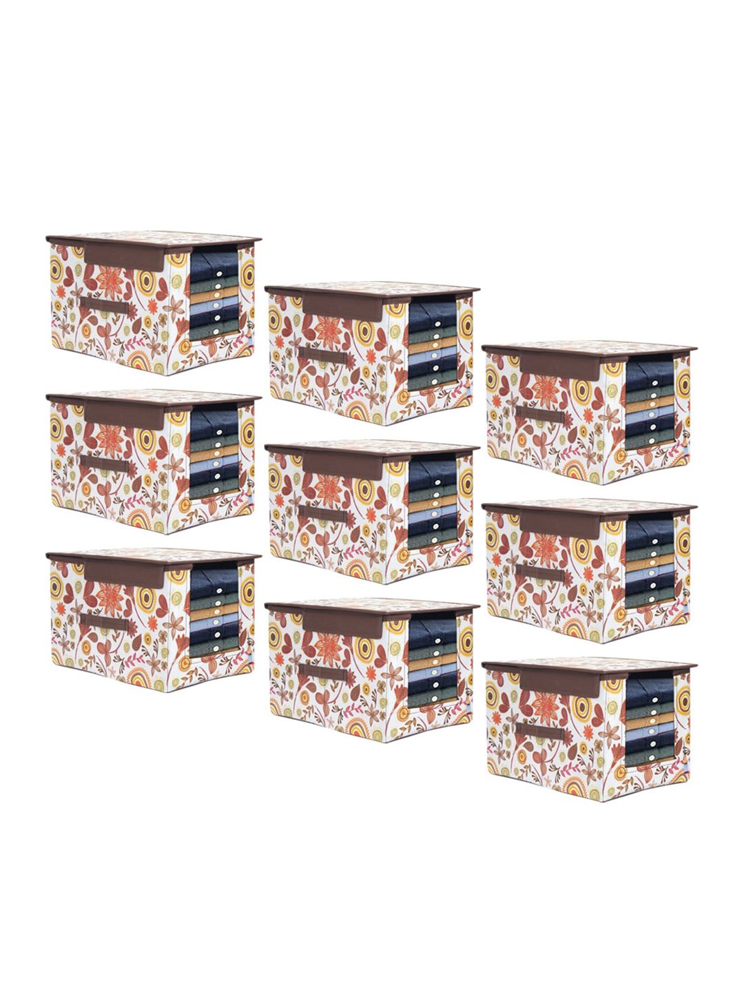 prettykrafts Set Of 9 White & Brown Floral Printed Foldable Shirt Stacker Organizers With Handles Price in India