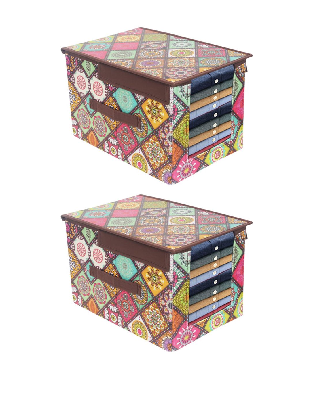 prettykrafts Set Of 2 Green & Pink Printed Shirt Stacker Organizer With Handles Price in India