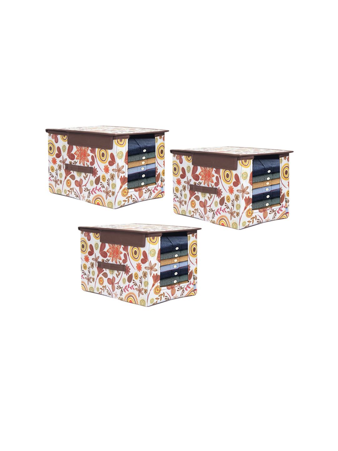 prettykrafts Set Of 3 White & Yellow Printed Foldable Rectangle Shirt Stacker Organisers With Handles Price in India