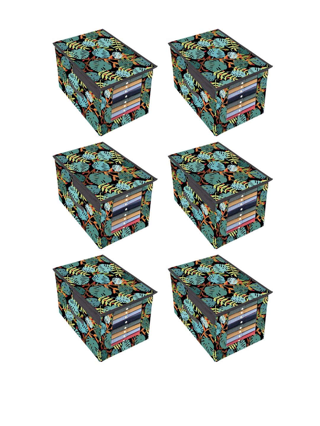 prettykrafts Set Of 6 Black & Sea Green Leaves Printed Foldable Shirt Stacker Organizers With Handles Price in India