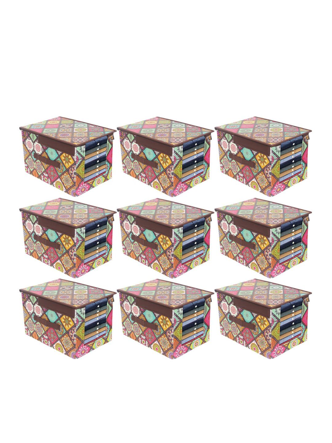 prettykrafts Set Of 9 Pink & Yellow Multichecks Printed Foldable Rectangle Shirt Stacker Organisers Price in India