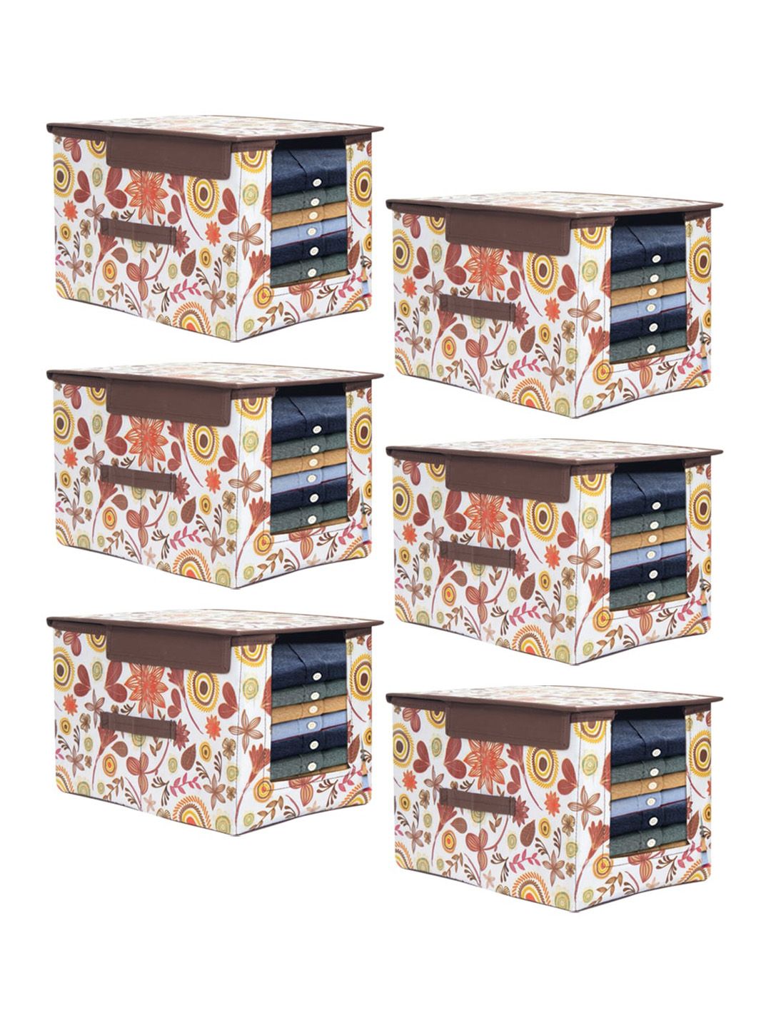 prettykrafts Set Of 6 White & Brown Printed Shirt Stacker Organizer With Handles Price in India