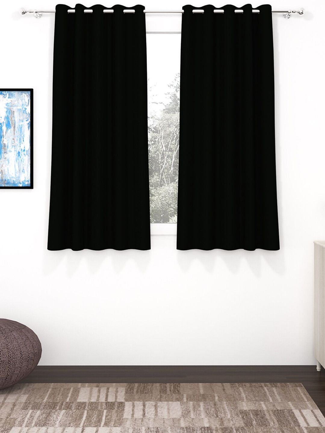 Story@Home Faux Silk Solid Solid 300GSM Black Room Darkening Blackout Window Curtain - Set of 2 Price in India
