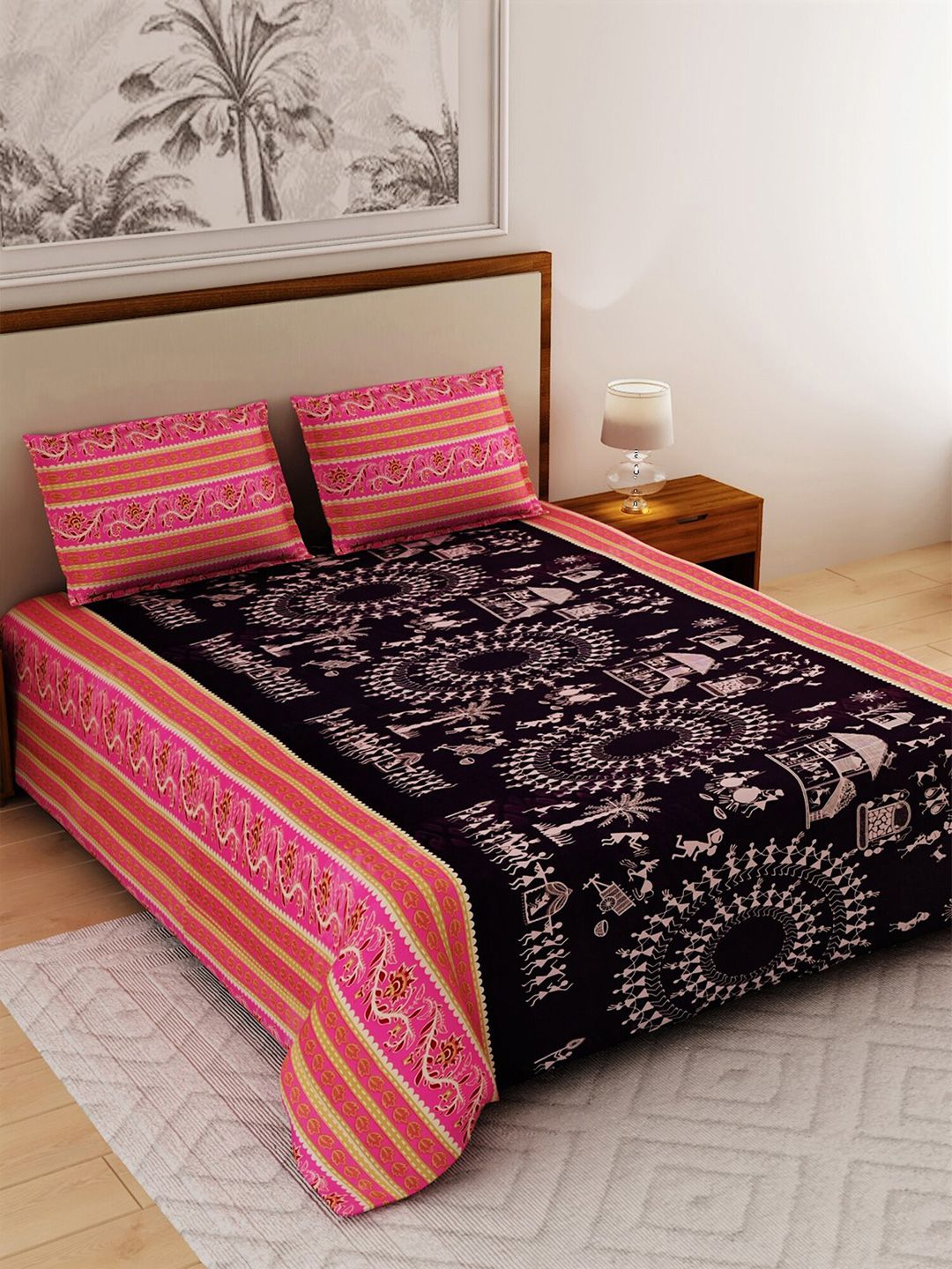 Salona Bichona Black & Pink 120 TC Cotton Queen Bedsheet with 2 Pillow Covers Price in India