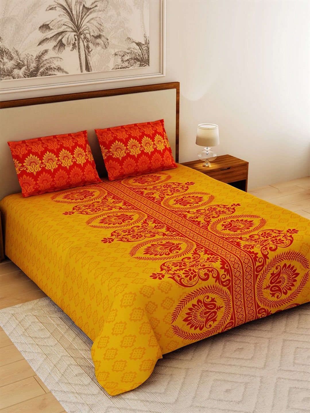 Salona Bichona Yellow & Red Ethnic Motifs 120 TC Queen Bedsheet with 2 Pillow Covers Price in India