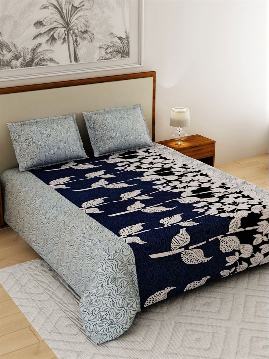 Salona Bichona Navy Blue & Grey Floral 120 TC King Bedsheet with 2 Pillow Covers Price in India