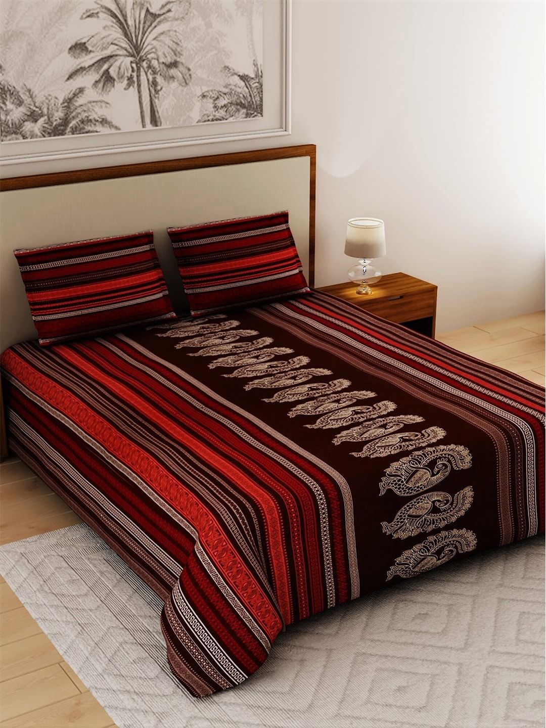 Salona Bichona Maroon & Orange Striped 120 TC Queen Bedsheet with 2 Pillow Covers Price in India