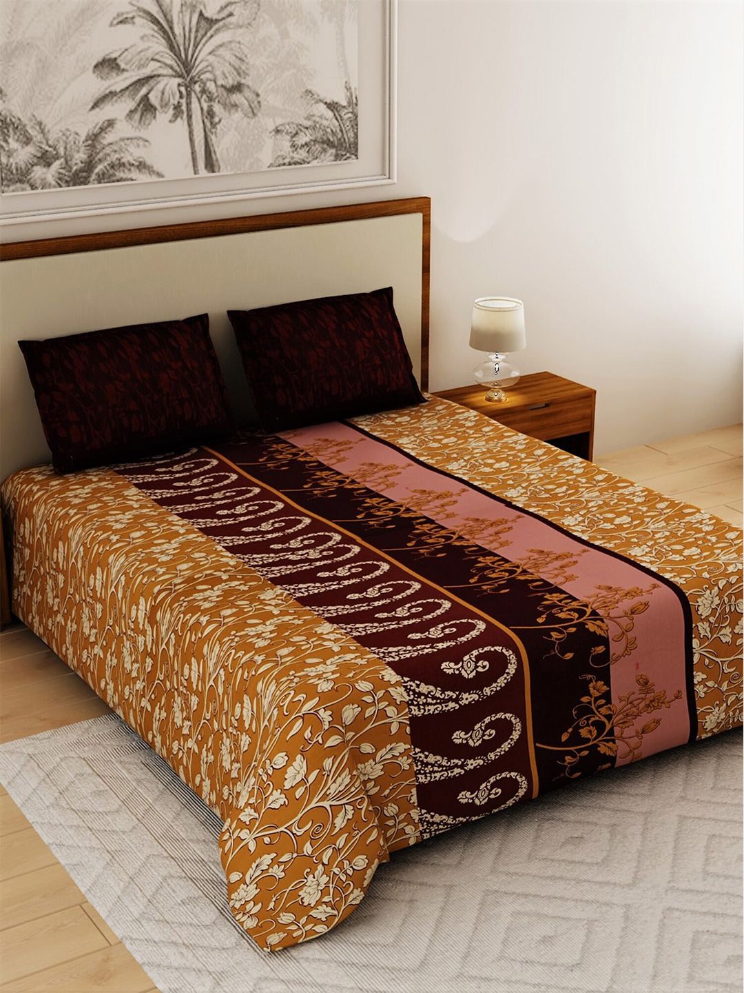 Salona Bichona Gold-Toned & Maroon Ethnic Motifs 120 TC Queen Bedsheet with 2 Pillow Covers Price in India