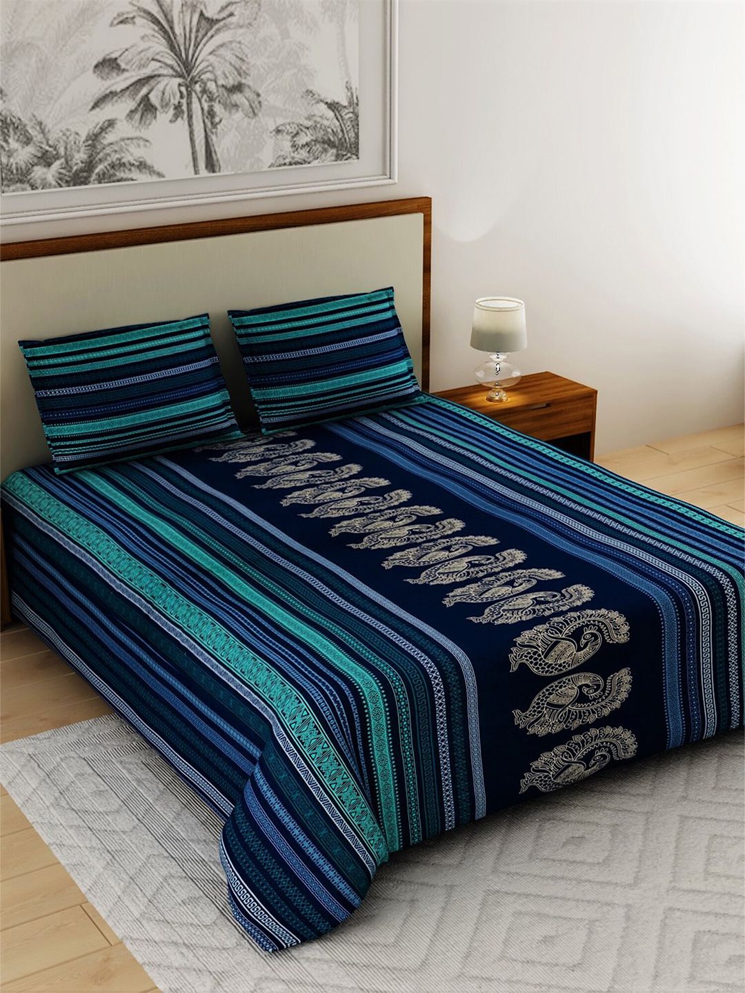 Salona Bichona Navy Blue & Sea Green Ethnic Motifs 120 TC King Bedsheet with 2 Pillow Covers Price in India