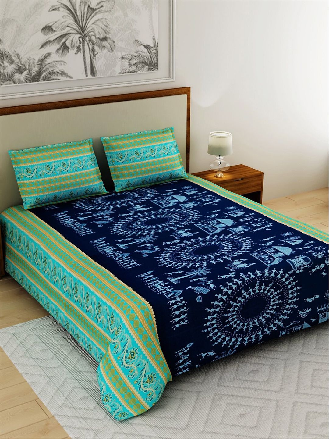 Salona Bichona Navy Blue & Green 120 TC Cotton Queen Bedsheet with 2 Pillow Covers Price in India