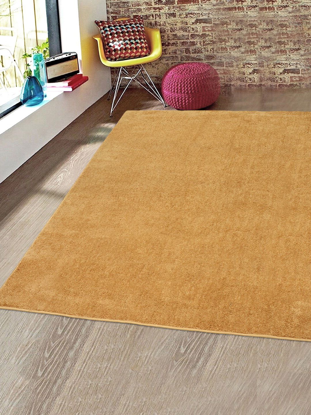 Saral Home Gold-Coloured Solid Cotton Shaggy Anti-Skid Carpet Price in India