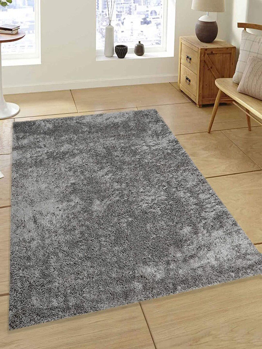 Saral Home Grey Solid Cotton Shaggy Anti-Skid Carpet Price in India