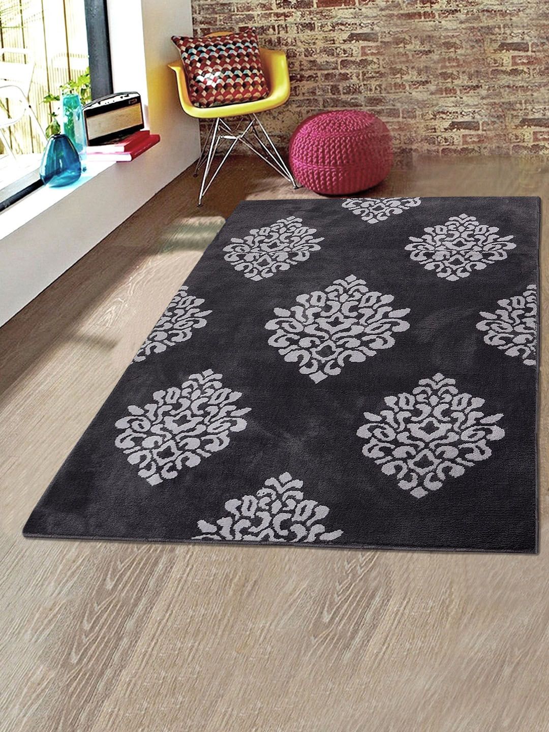 Saral Home Charcoal Grey & White Ethnic Motifs Printed Microfiber Luxurious Soft Touch Carpet Price in India