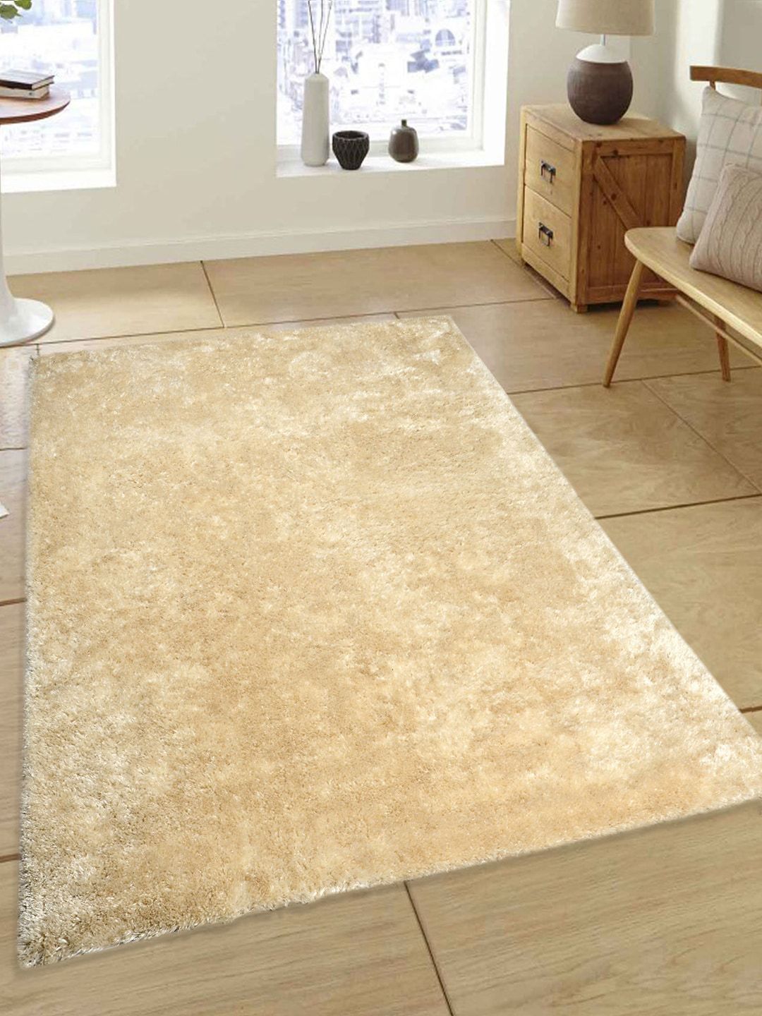 Saral Home Cream-Coloured Solid Cotton Shaggy Carpet Price in India