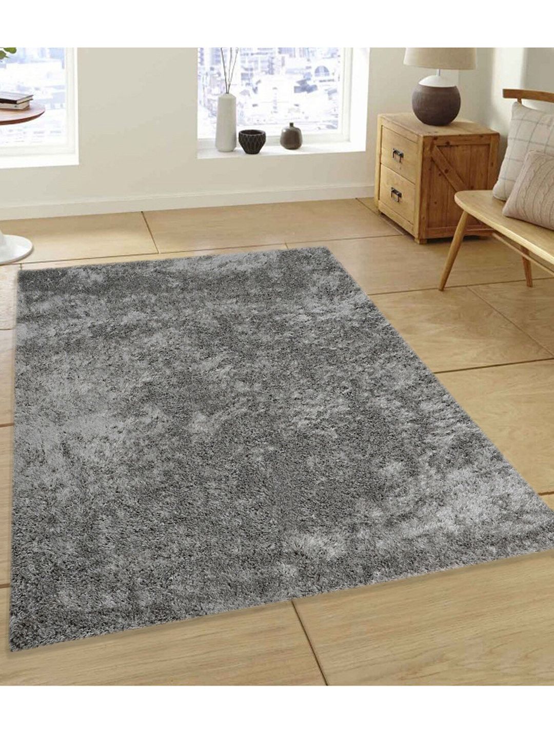 Saral Home Grey Solid Cotton Shaggy Carpet Price in India