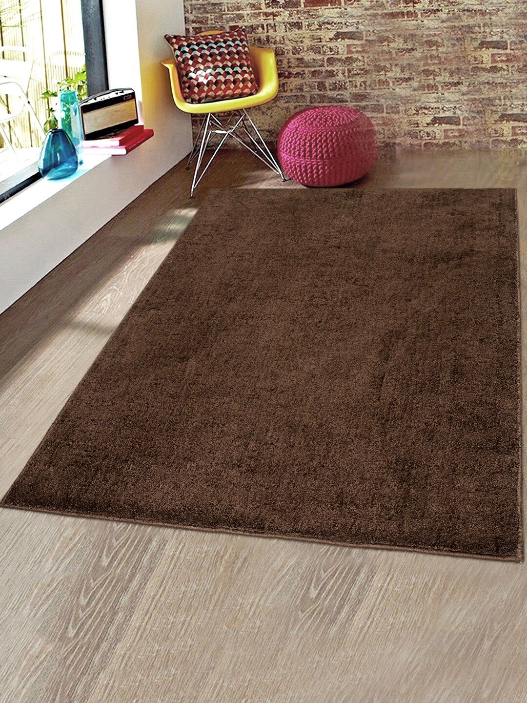 Saral Home Brown Solid Shaggy Anti-Skid Cotton Carpet Price in India