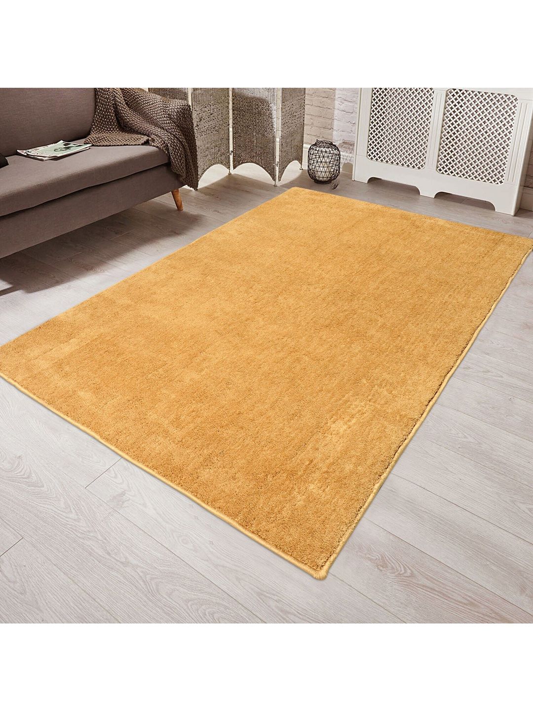 Saral Home Gold-Coloured Solid Cotton Shaggy Anti-Skid Carpet Price in India