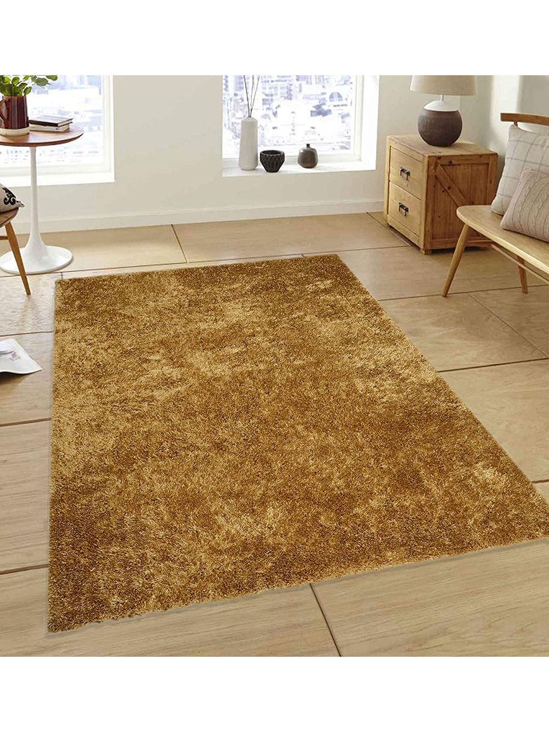 Saral Home Gold-Coloured Solid Cotton Shaggy Carpet Price in India