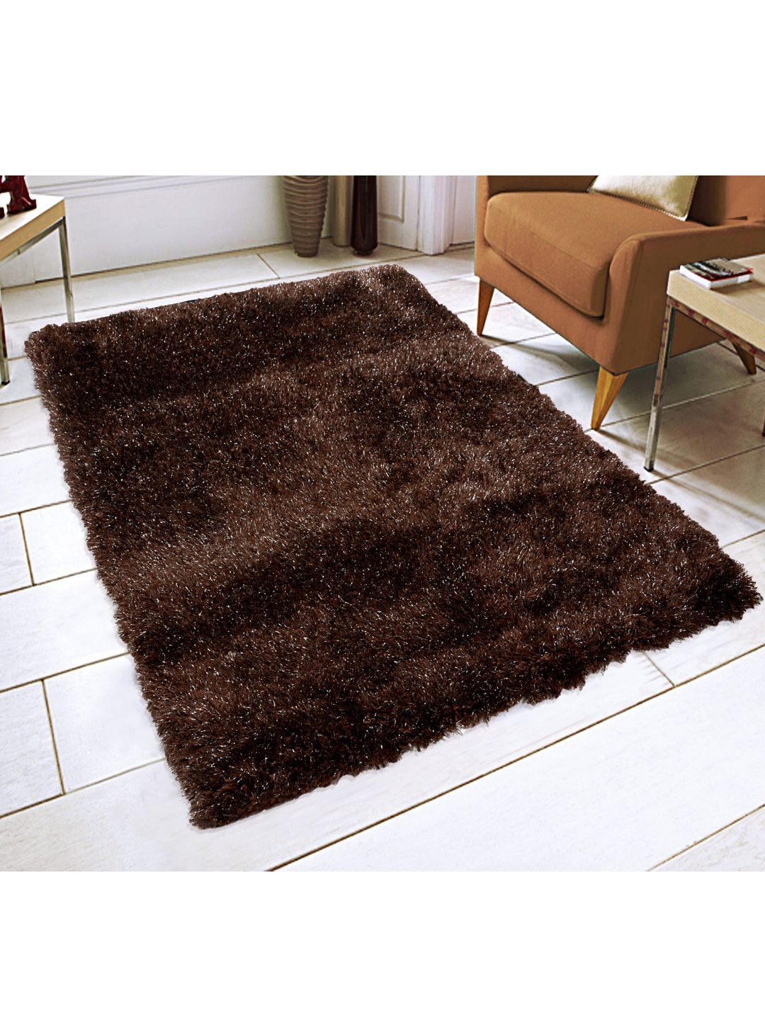 Saral Home Brown Solid Cotton Shaggy Carpet Price in India