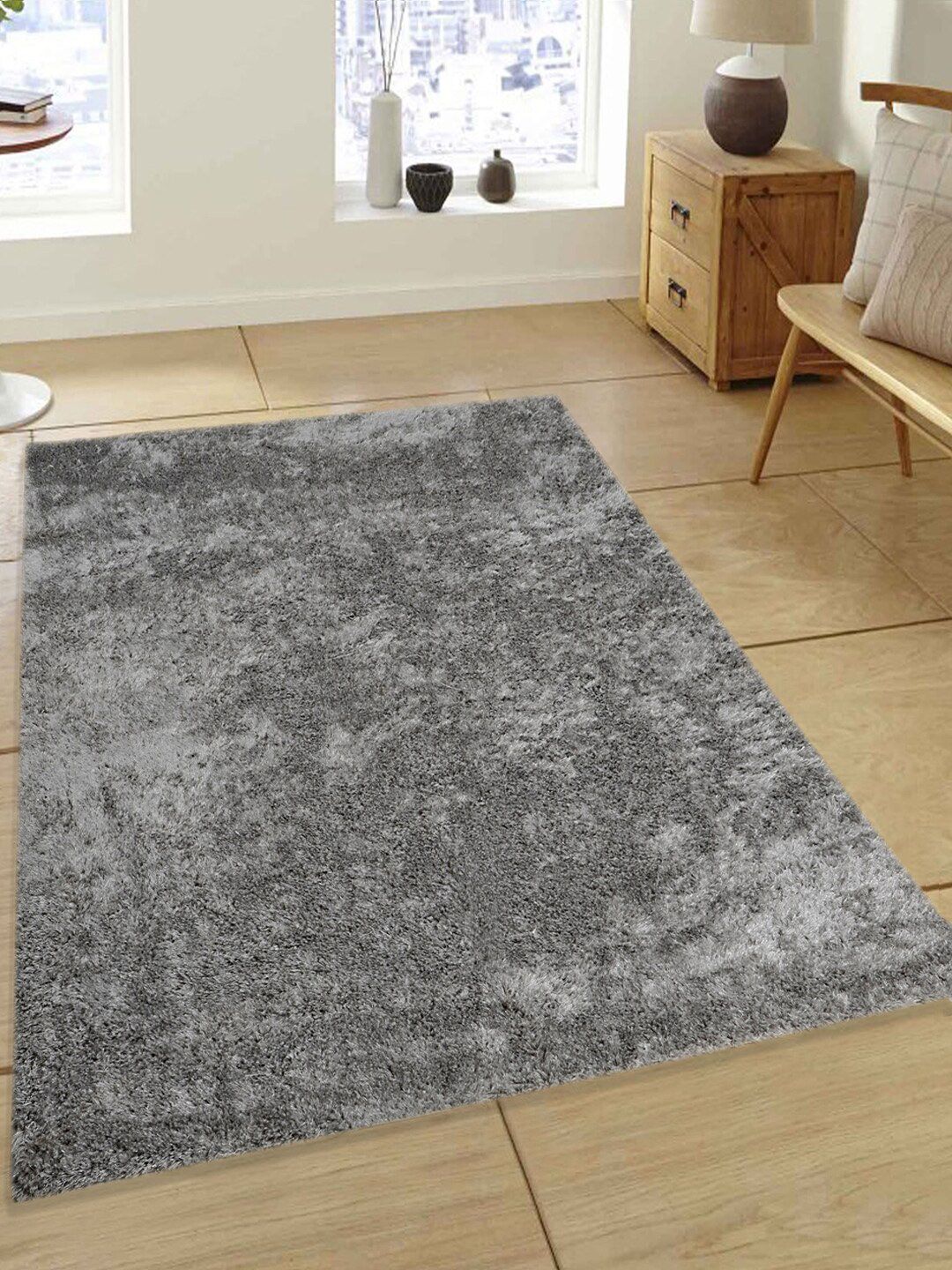 Saral Home Grey Solid Cotton Shaggy Carpet Price in India