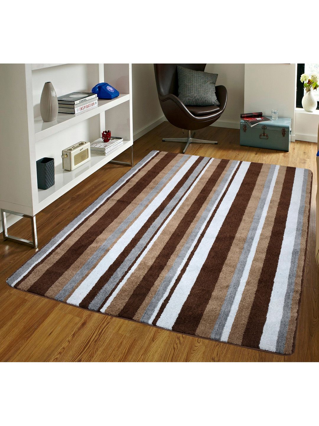 Saral Home Brown & Grey Striped Microfiber Anti-Skid Carpet Price in India