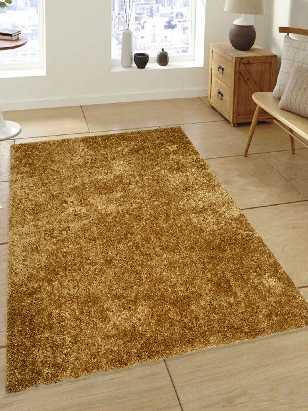 Saral Home Gold-Coloured Solid Cotton Heavy Duty Shaggy Carpet Price in India