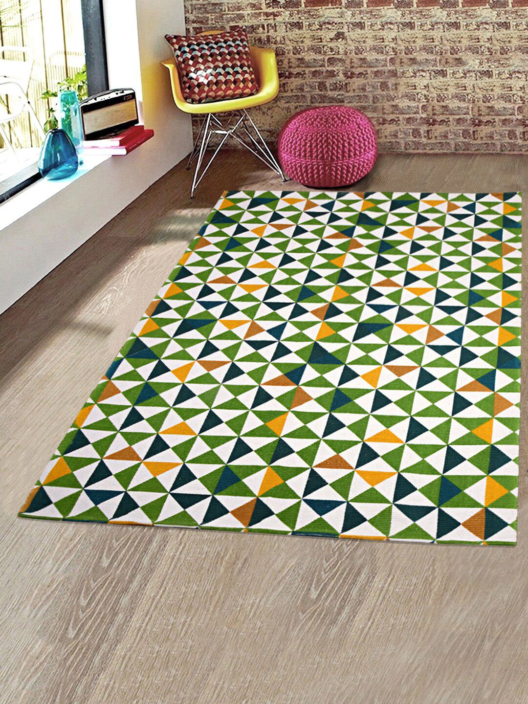 Saral Home White & Green Geometric Printed Cotton Traditional Carpet Price in India