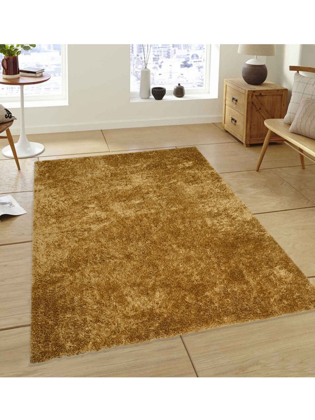 Saral Home Gold-Coloured Solid Cotton Soft Shaggy Carpet Price in India