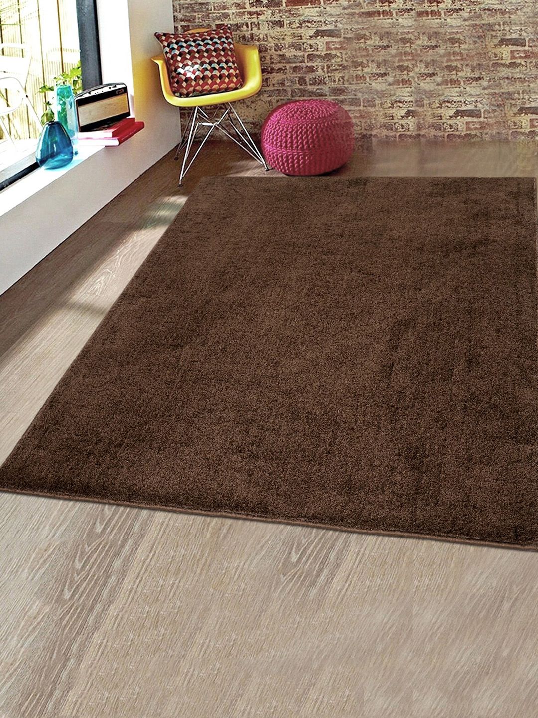 Saral Home Brown Solid Cotton Shaggy Anti-Skid Carpet Price in India