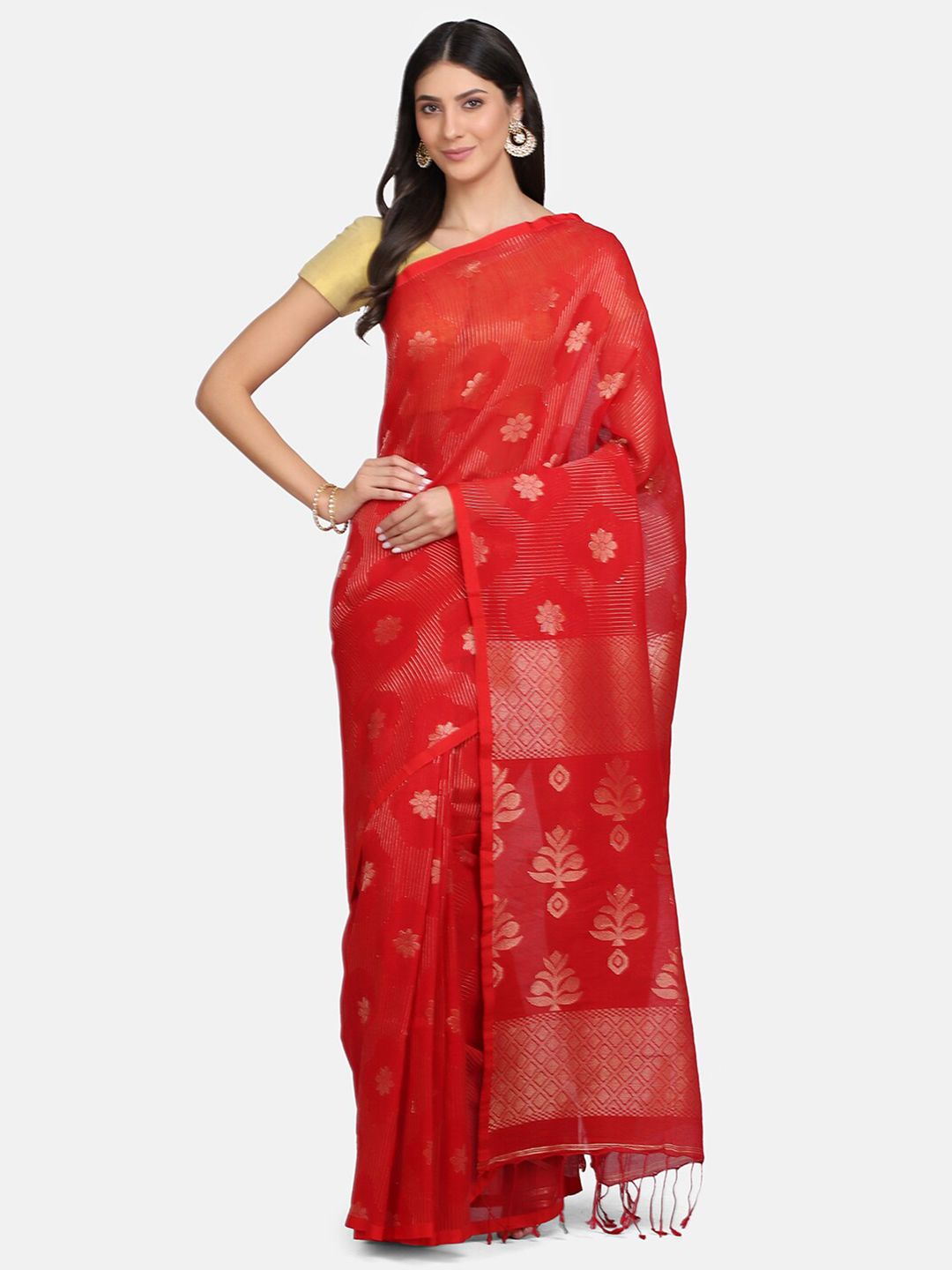 Mirraw Red & Golden Floral Patterned Pure Linen Saree Price in India