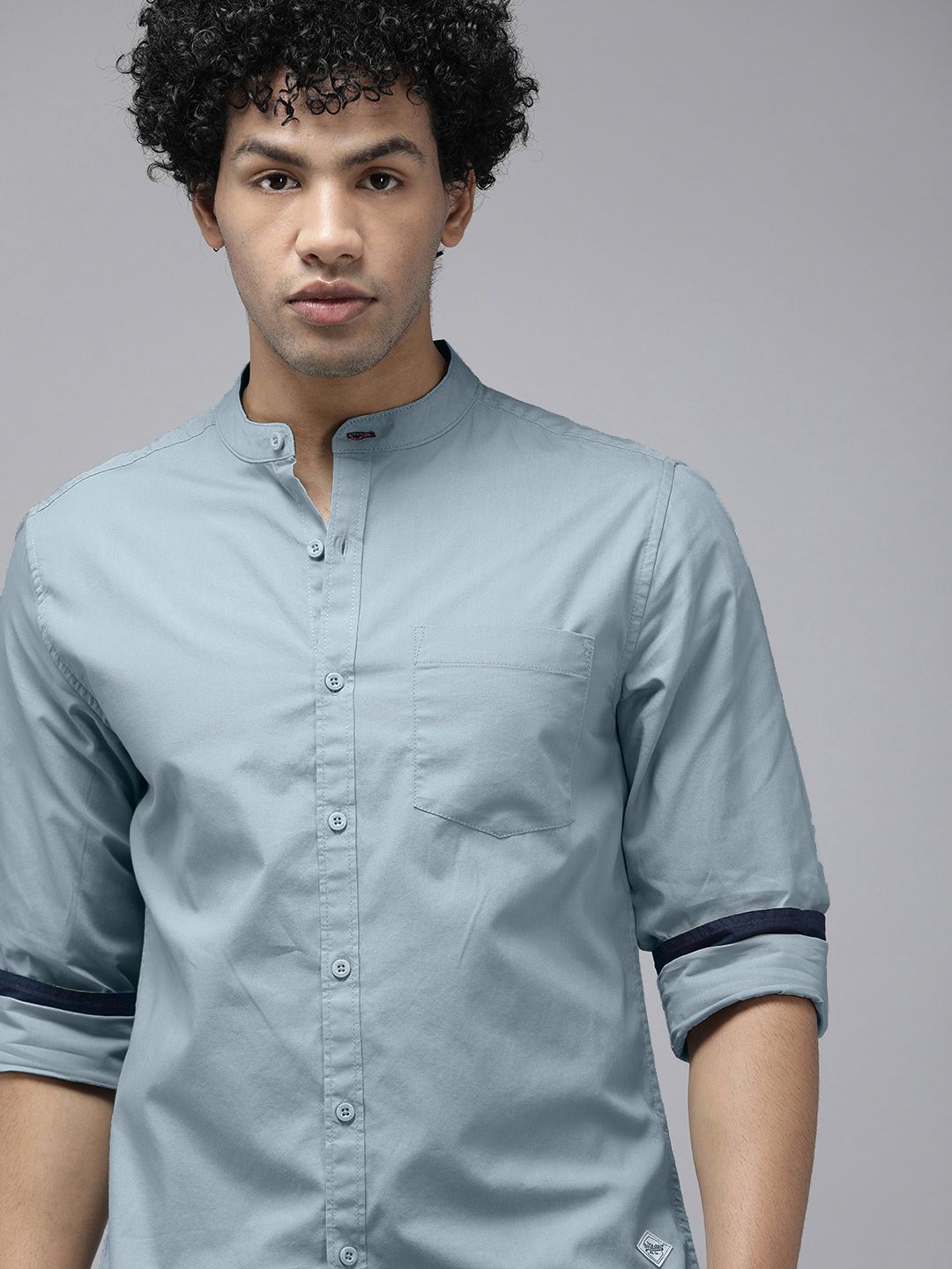 Roadster Men Blue Mandarin Collar Casual Shirt