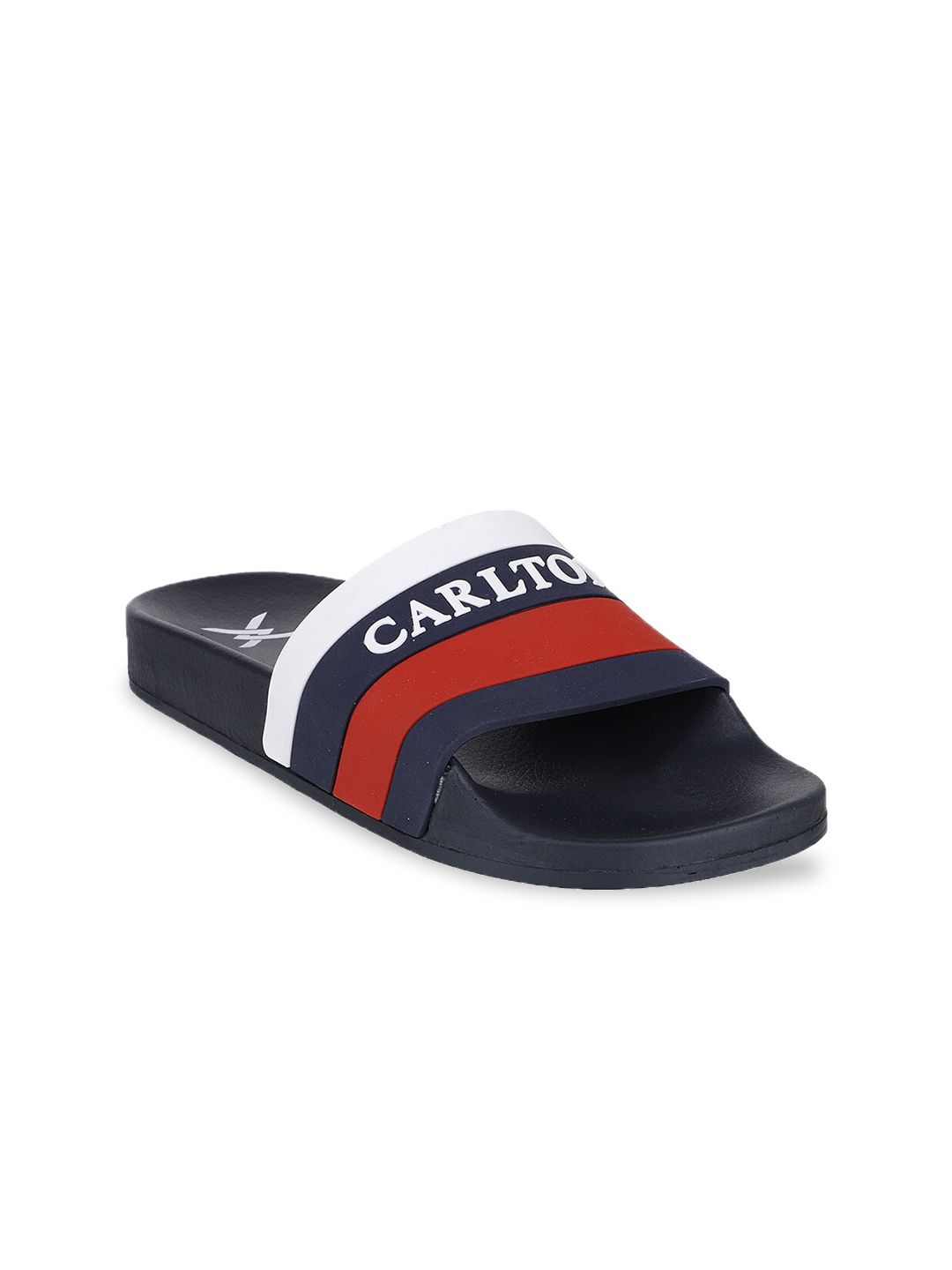 Carlton London sports Women Navy Blue & White Striped Sliders Price in India