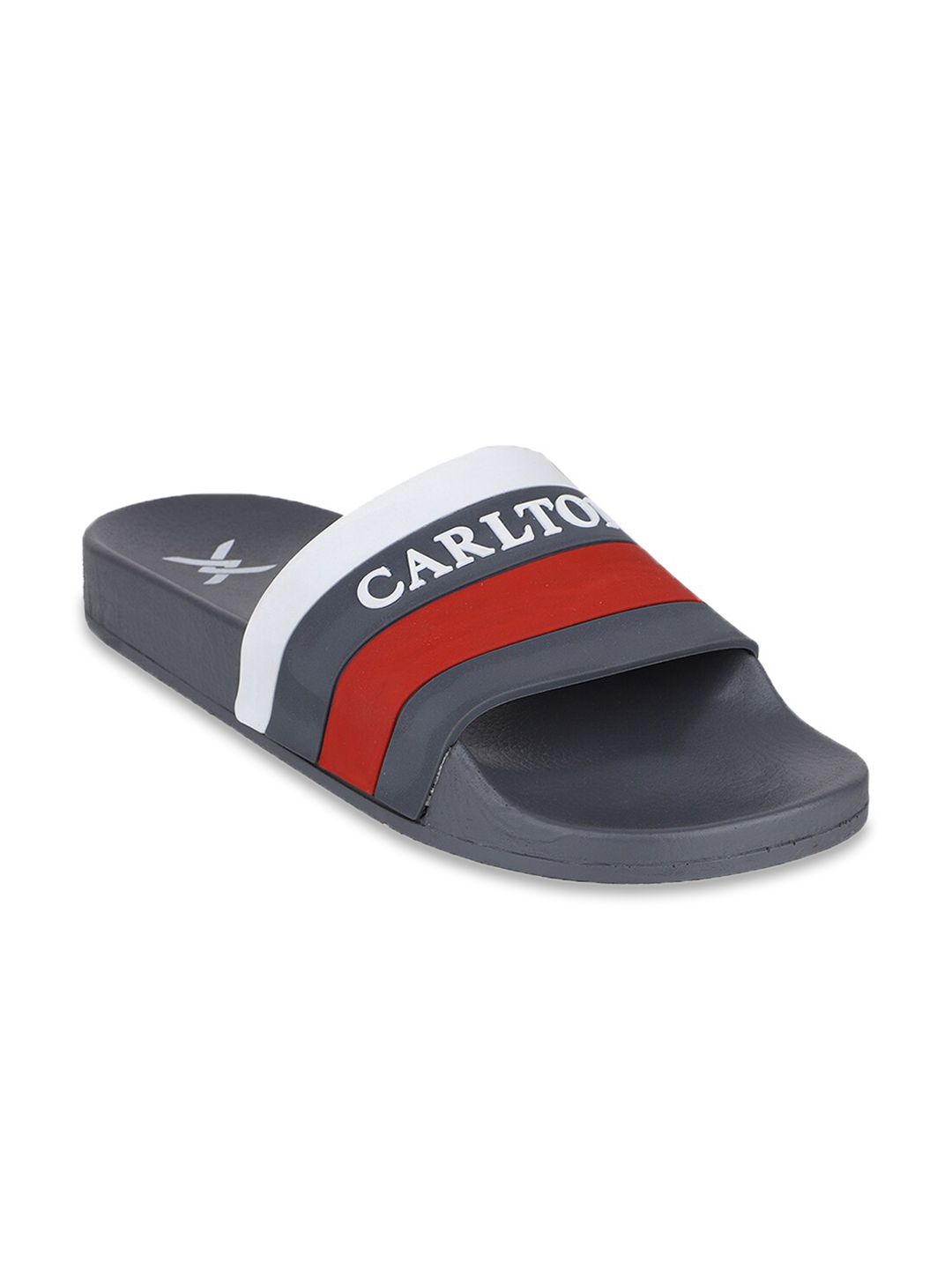 Carlton London sports Women Grey & Red Striped Rubber Sliders Price in India