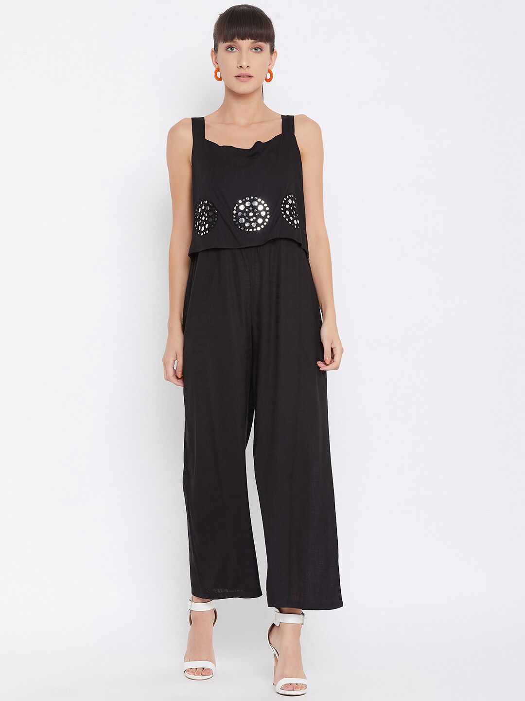 Ruhaans Black & White Basic Embroidered Cotton Jumpsuit Price in India